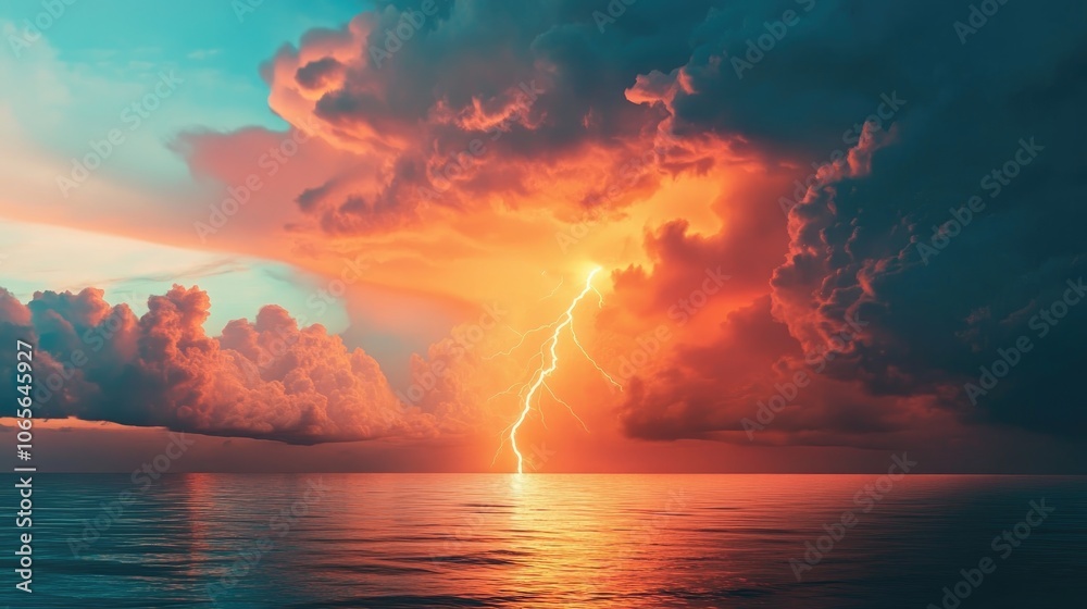 Fototapeta premium A striking orange lightning bolt cuts through the fluffy clouds above the ocean illuminating the sky with its vibrant glow