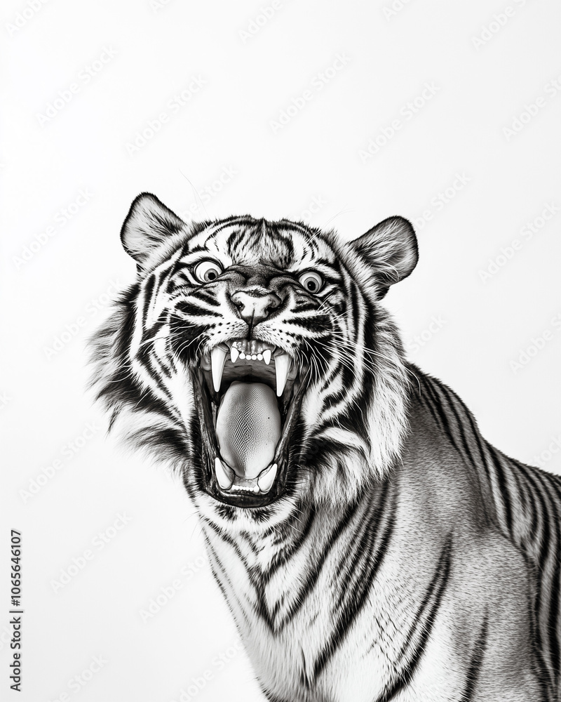 Obraz premium Aggressive growling tiger against clean white background. Black and white image.