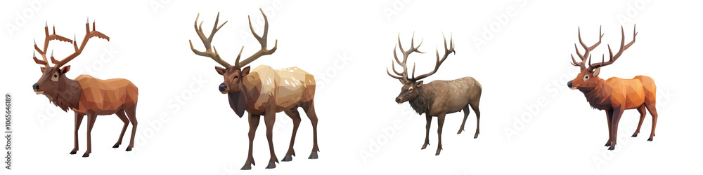 Fototapeta premium Four stylish deer showcasing unique colors and antlers, white isolate background.