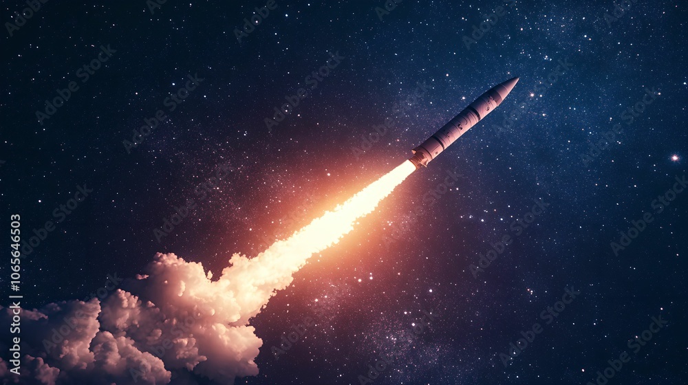 Fototapeta premium Rocket Launching into Starry Night Sky for Space Exploration, launch, stars, mission, technology
