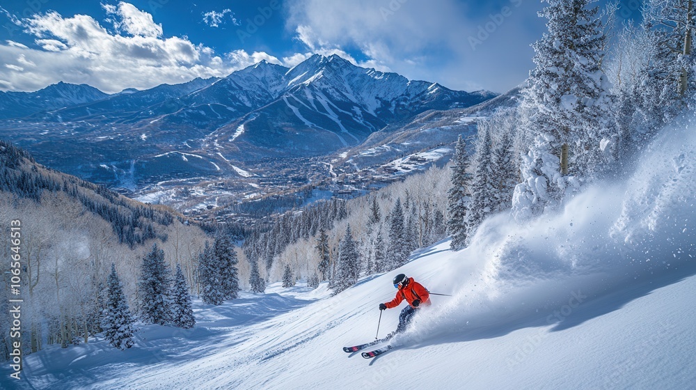 Thrilling descent down a snowy mountain slope in colorful winter attire amidst breathtaking peaks Thrilling descent down a snowy mountain slope in colorful winter attire amidst breathtaking peaks