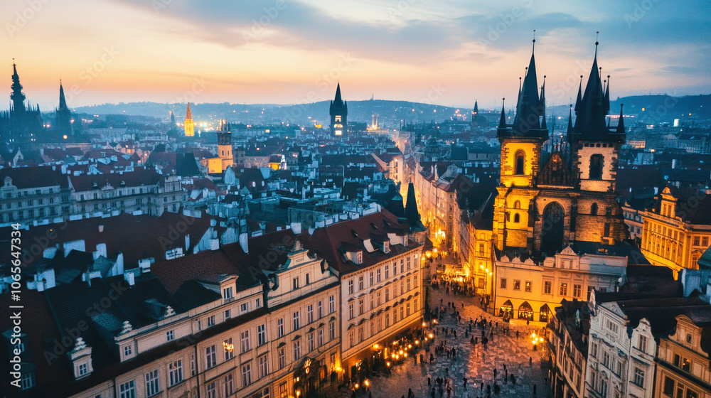 Obraz premium Night aerial view of a historic European city with ancient architecture and modern skyscrapers