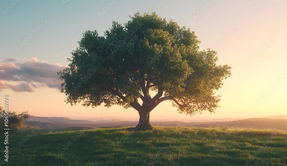 Fototapeta premium Beautiful oak tree in the middle of a green field at sunset, with ample copy space.