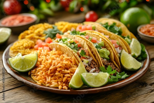 Colorful Mexican Fiesta Platter with Tacos, Rice, and Beans, food, festive, table, cuisine photo