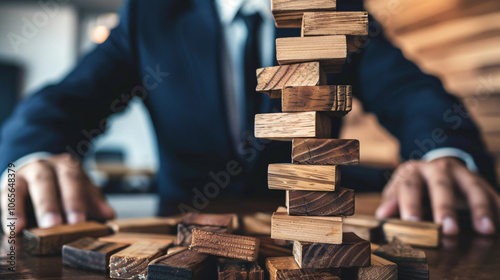 A businessman in a suit carefully balances a wooden block tower, representing risk management, strategy, and handling business challenges photo