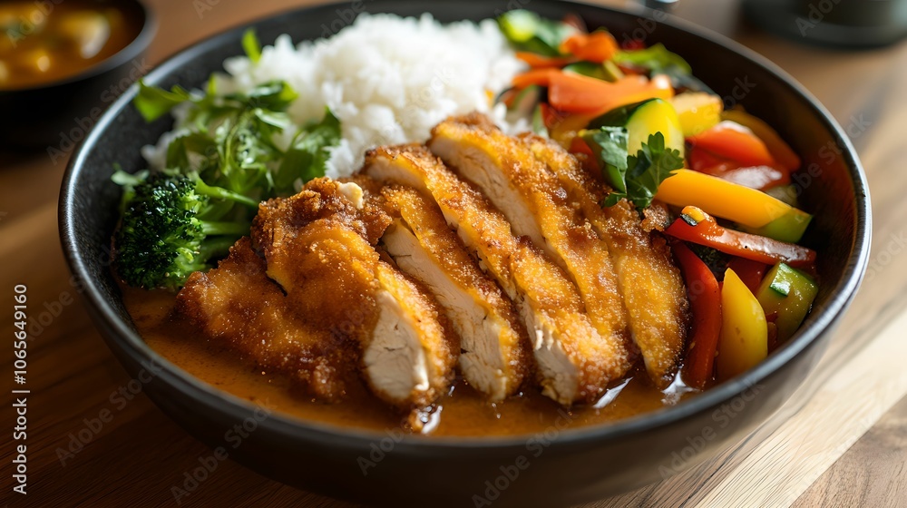 Fototapeta premium Flavorful Katsu Curry Rice Bowl with Fresh Vegetables, food, delicious, meal, cuisine