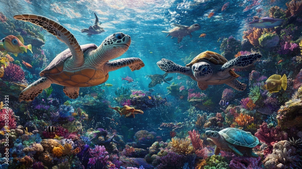 Obraz premium Underwater cartoon scene with friendly fish, sea turtles, and mermaids, filled with bright colors for storybooks.