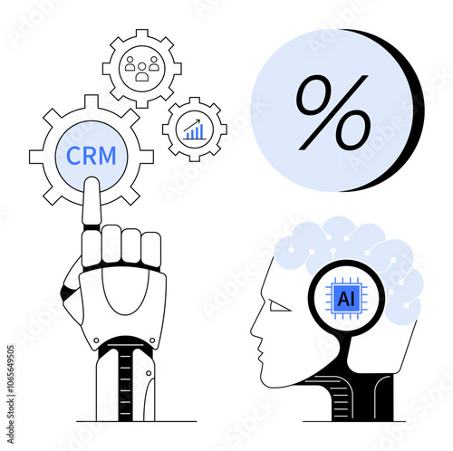 Robotic hand points to CRM gear, head with AI chip, and percentage symbol. Key themes Ideal for business automation, AI technology, future of work, machine learning, robotics, CRM tools, and tech