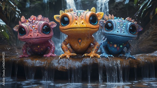 A group of Himmapan creatures playing around a mystical waterfall, each with unique patterns and vibrant colors, creating a whimsical 3D atmosphere photo