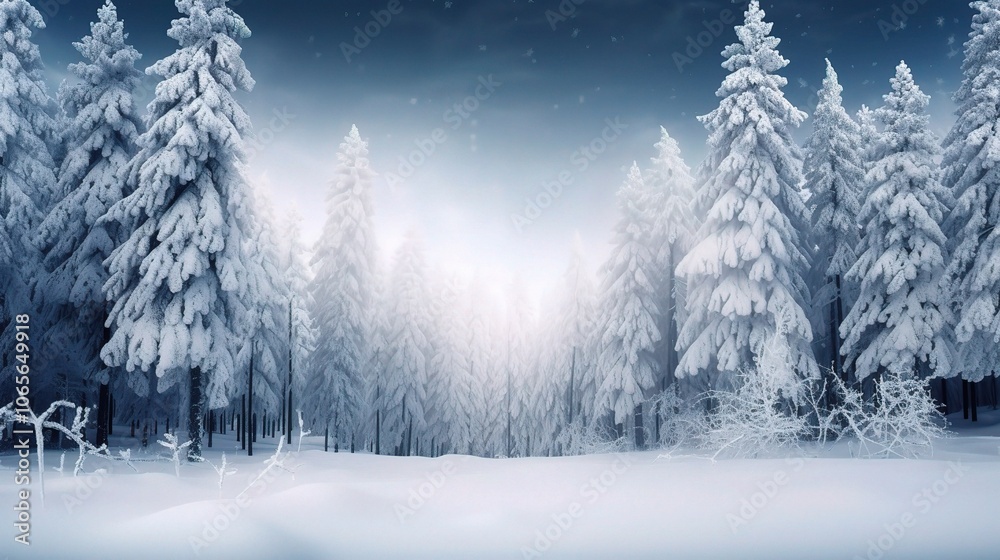 Fototapeta premium Snowy Winter Forest with Soft Light Glow
