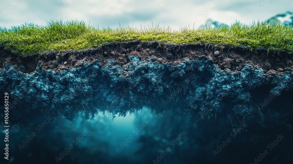 Fototapeta premium A cross-section of earth showcasing grass, soil, and an underwater environment.