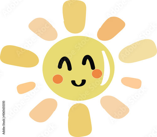 Cute funny sun with smiling face isolated on white background. Happy adorable sunny. Summer decorative design element. Childish vector illustration in flat style for baby t-shirt or sweatshirt print.