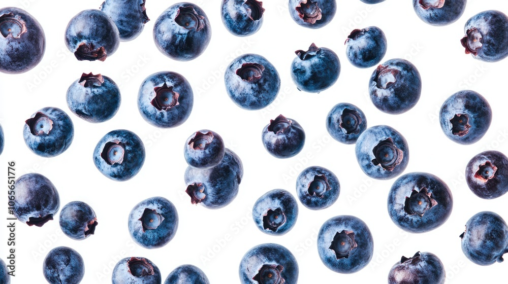 Close-up of Fresh Blueberries Scattered on a White Background Close-up of Fresh Blueberries Scattered on a White Background