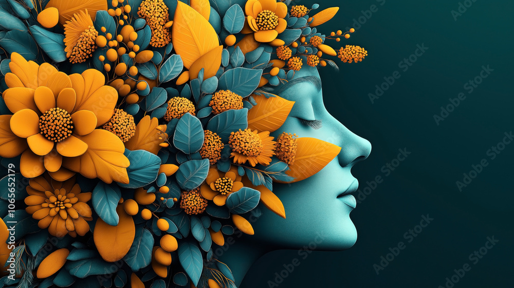 Φωτογραφία Abstract side profile of a woman's face blending into a vibrant floral arrangement with orange flowers and teal leaves on a dark teal background