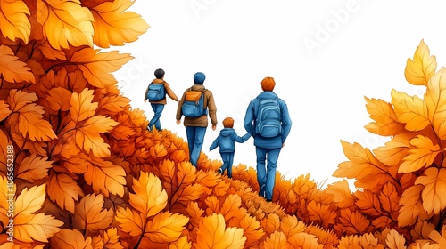 Thanksgiving Card, Family enjoys a scenic autumn hike through colorful leaves, Watercolor Style