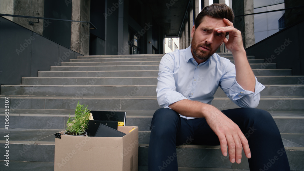 Pensive business man suffer bad work lost intern problem financial crisis dismissed job burnout male sitting stairs sad Caucasian businessman unemployment middle-aged fired guy in city dismissal box Pensive business man suffer bad work lost intern problem financial crisis dismissed job burnout male sitting stairs sad Caucasian businessman unemployment middle-aged fired guy in city dismissal box