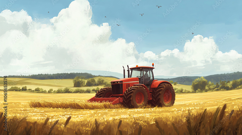 Naklejka premium An idyllic view of a tractor working in the harvest fields, symbolizing hard work and dedication.
