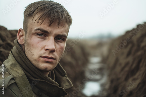 Portrait of a young man in a rugged landscape, wearing military clothing and looking determined. The scene portrays resilience, strength, and readiness.