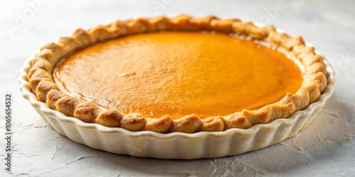 Golden Pumpkin Pie in a White Dish on a Textured Background