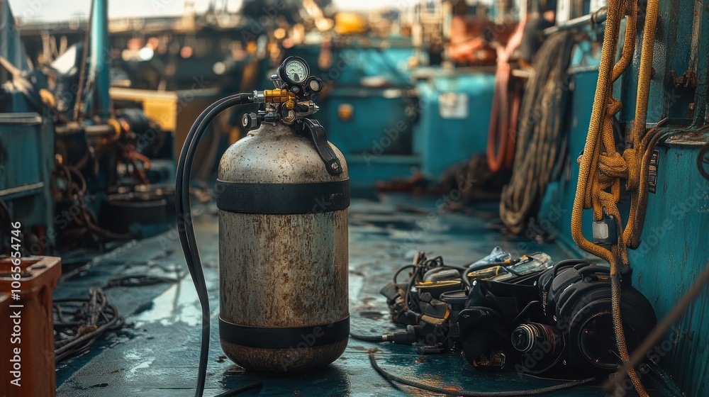A scuba tank on a boat, surrounded by equipment and ropes, suggesting underwater exploration. A scuba tank on a boat, surrounded by equipment and ropes, suggesting underwater exploration.
