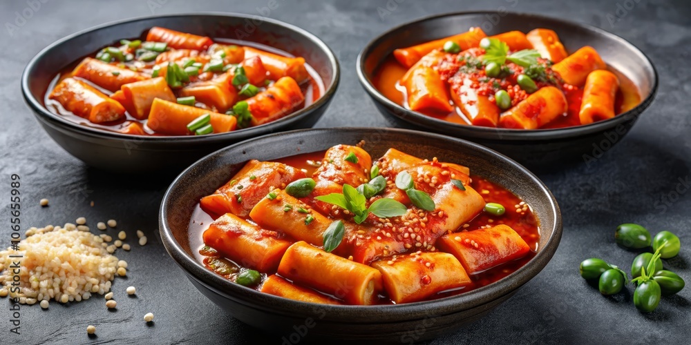 Spicy Korean Tteokbokki in Black Bowls with Sesame Seeds and Green Onions - A Close Up of the Popular Street Food Dish Spicy Korean Tteokbokki in Black Bowls with Sesame Seeds and Green Onions - A Close Up of the Popular Street Food Dish