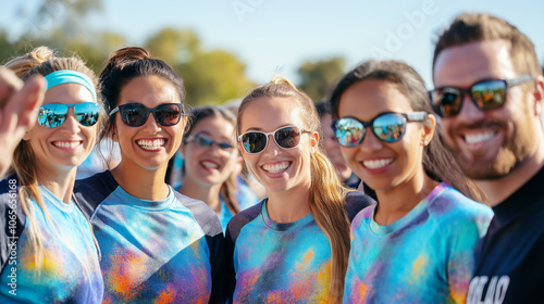 Group of friends wearing tie-dye shirts, smiling and enjoying a bright sunny day outdoors. The image captures a sense of unity, friendship, and youthful fun.