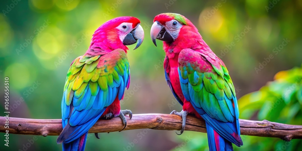 Obraz premium Two Macaws Perched on a Branch, Vibrant Colors Against a Green Blurred Background