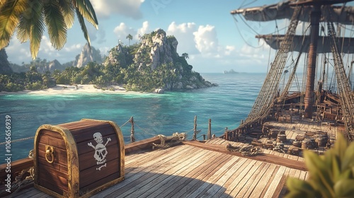 A background view from a pirate ship's deck looking towards a vast ocean

 photo