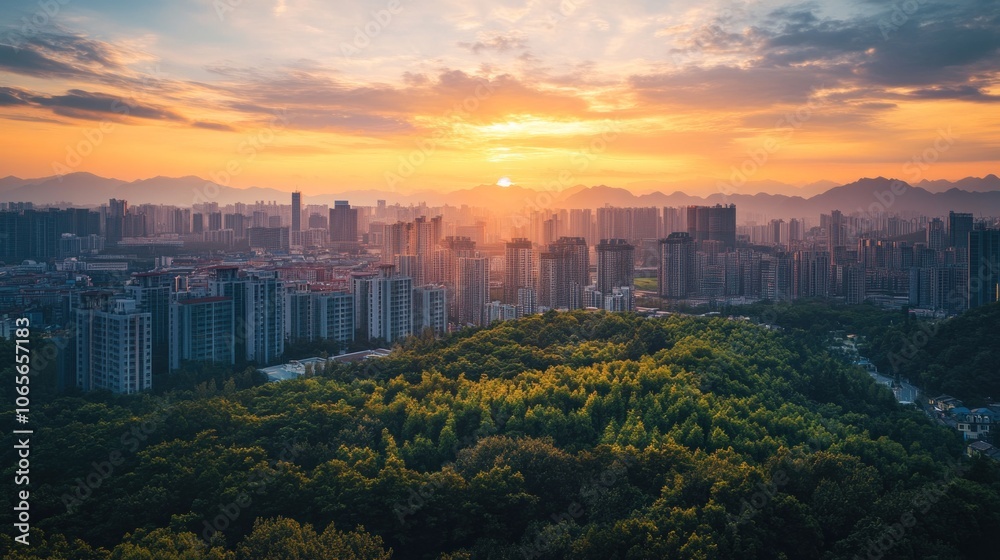 Obraz premium Urban skyline at sunset with greenery in the foreground and mountains in the background.