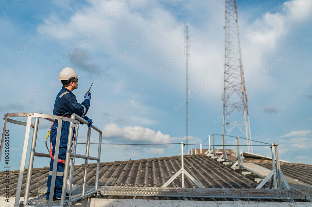 Engineer in Full Safety Gear Climbing a Ladder to Inspect Communication Signals and Industrial Machinery at a High-Risk Transportation Facility Engineer in Full Safety Gear Climbing a Ladder to Inspect Communication Signals and Industrial Machinery at a High-Risk Transportation Facility