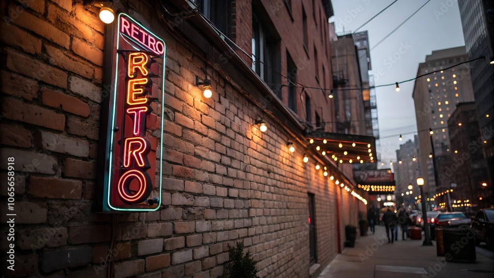 Obraz premium Retro neon sign in urban alleyway at dusk with brick wall and string lights