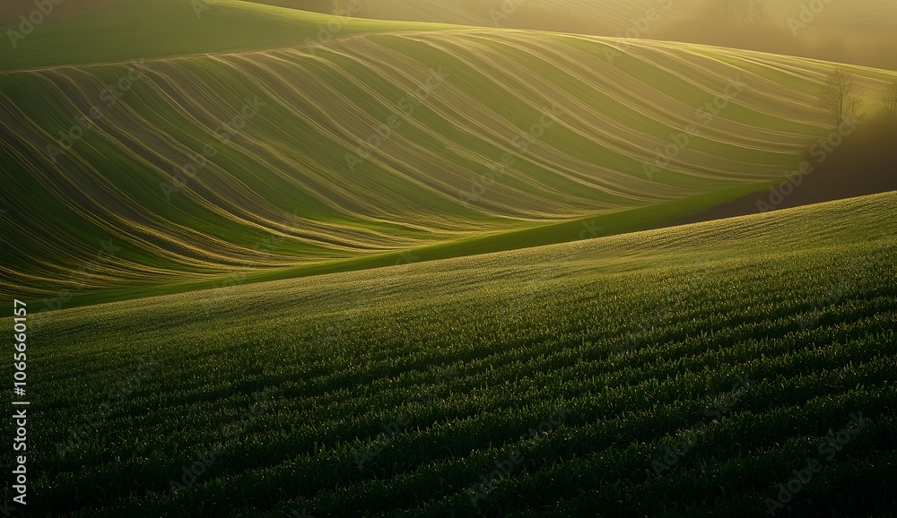 Fototapeta premium Beautiful green field with rows of crops at sunset, an idyllic rural landscape, natural scenery in the spring season.