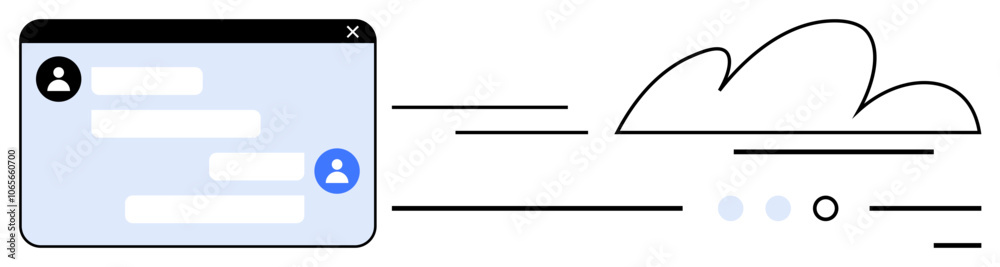 Fototapeta premium Chat window interface with user icons and text bubbles, accompanied by a cloud icon and lines suggesting movement. Ideal for communication apps, cloud storage, data synchronization, teamwork, remote