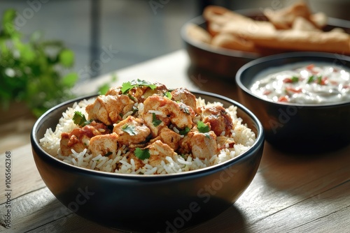 A bowl of biryani with chicken on a wooden table. A black ceramic bowl in the background contains kachumber or raita on the side. Food photography.  Indian food. Arab food	 photo