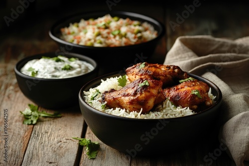 A bowl of biryani with chicken on a wooden table. A black ceramic bowl in the background contains kachumber or raita on the side. Food photography.  Indian food. Arab food	 photo