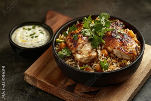 Platter of Hyderabadi chicken biryani on the wooden table. Indian food. Arab food. White Sauce