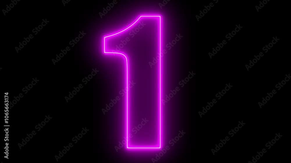 Abstract glowing neon countdown 1 number animation the 1  collars animation and black background Appears and disappears. Electric style. Seamless loop. 3D Animation