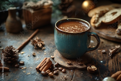 hygge coffee moment, a cozy scene with a cup of chicory coffee in a rustic kitchen, inviting you to savor a moment of peaceful comfort photo