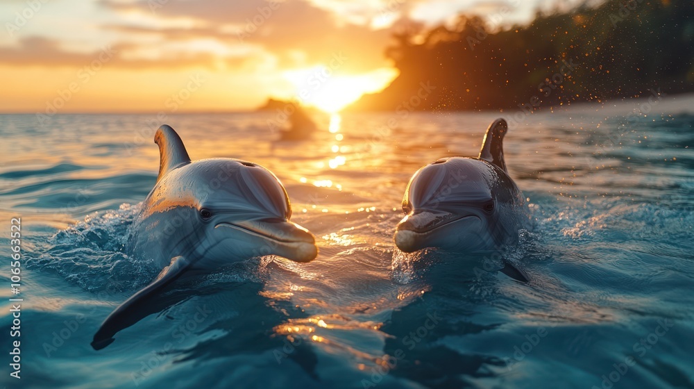 Fototapeta premium Two dolphins swimming towards the camera in the ocean with a sunset in the background.