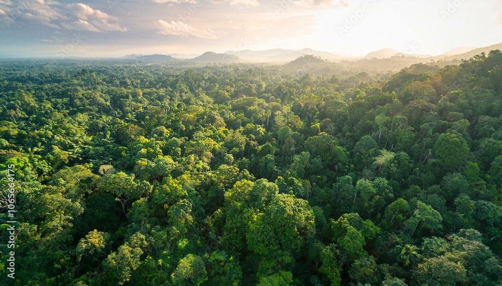 Obraz premium Landscape with aerial view of a dense tropical jungle forest.