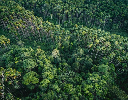 Green background with aerial view of a dense tropical jungle forest. photo