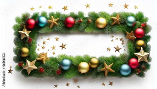 Beautiful christmas wreath 1 to 1.68 rectangle frame with shiny stars and colorful orbs, on transparent background (RGBA 3D Rendering PNG) photo