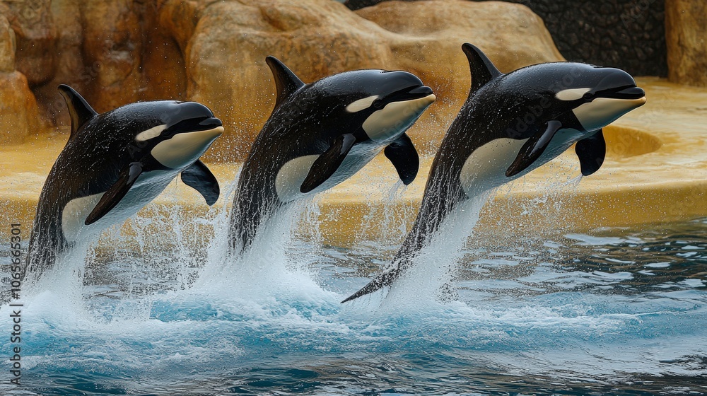 Obraz premium A dynamic scene of three orcas elegantly leaping from the water, showcasing their agility and power, This image can be used for educational materials, marine conservation campaigns