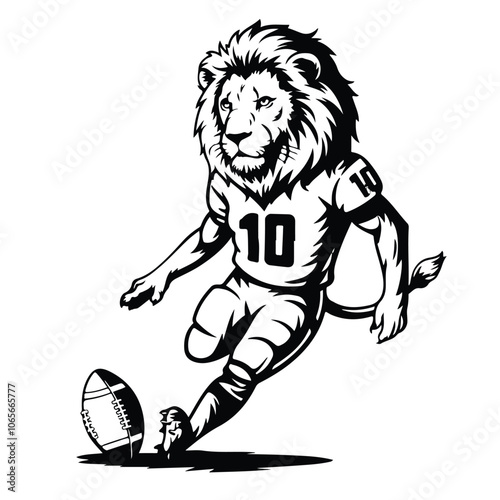 A black and white vector illustration of a lion with the body of a football player kicking a football.