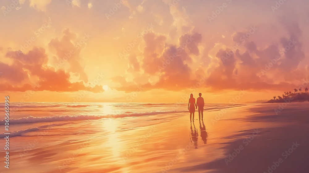Fototapeta premium A couple walking hand-in-hand along a beach at sunset, with golden hues reflecting on the wet sand and a tranquil ocean stretching into the horizon.