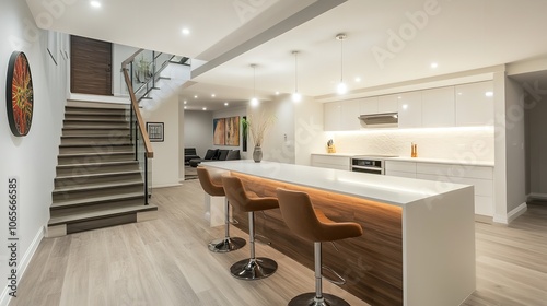 A beautifully renovated basement with a white countertop and modern design

 photo