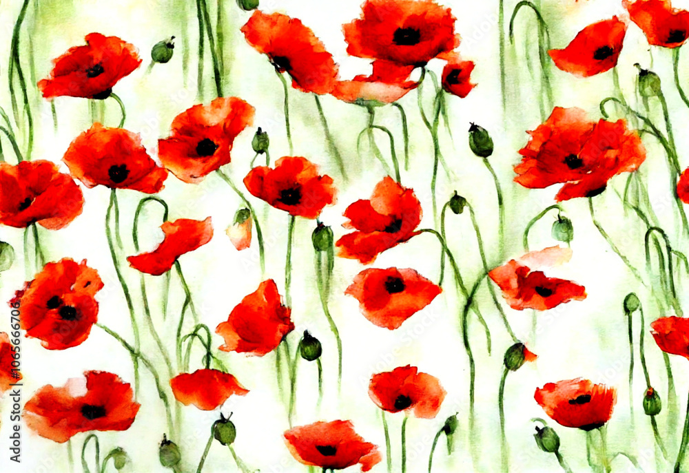 Obraz premium Red poppies painted in watercolor in artistic decorative style
