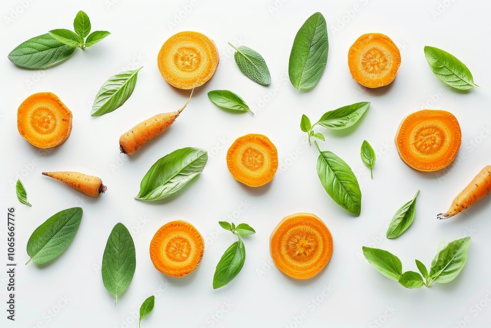 Obraz premium Vibrant carrot slices and fresh green leaves gracefully floating on a pure white background