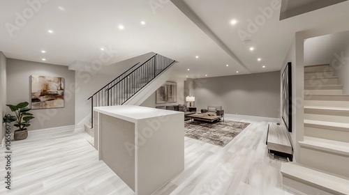 A beautifully renovated basement with a white countertop and modern design

 photo