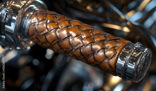 Close-up of a leather handlebar with a braided pattern on a motorcycle, focusing on the texture and design details. photo